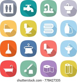 flat vector icon set - wc vector, water tap, sink, bath, toilet, towel, shampoo, plunger, hanger, brush, paper