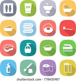 flat vector icon set - wc vector, uv cream, sink, bath, washing, towel, soap, tooth brush, sponge with foam, liquid, basin, toilet cleanser, paper