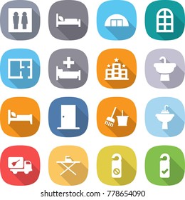 flat vector icon set - wc vector, hospital bed, hangare, arch window, plan, hotel, sink, door, bucket and broom, water tap, home call cleaning, iron board, do not distrub, please clean