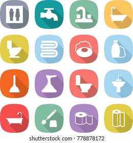 flat vector icon set - wc vector, water tap, bath, toilet, towel, soap, shampoo, plunger, sink, brush, paper