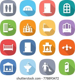flat vector icon set - wc vector, hangare, door, arch window, hotel, bath, dresser, crib, fireplace, hard reach place cleaning, utility room, water tap sink, brooming, please clean