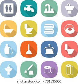 flat vector icon set - wc vector, water tap, sink, bath, toilet, towel, soap, shampoo, plunger, hanger, brush, paper
