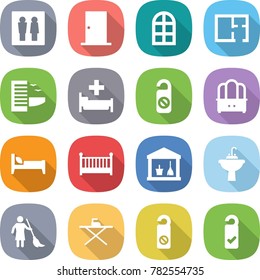 flat vector icon set - wc vector, door, arch window, plan, hotel, hospital, do not distrub, dresser, bed, crib, utility room, water tap sink, brooming, iron board, please clean