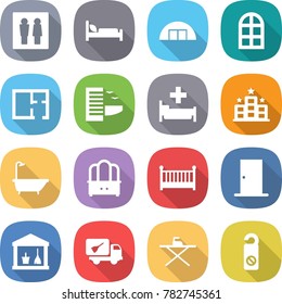 flat vector icon set - wc vector, hospital bed, hangare, arch window, plan, hotel, bath, dresser, crib, door, utility room, home call cleaning, iron board, do not distrub