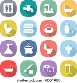 flat vector icon set - wc vector, water tap, bath, toilet, towel, soap, shampoo, plunger, hanger, sink, brush, paper
