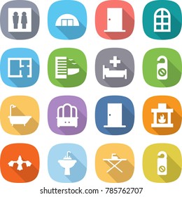 flat vector icon set - wc vector, hangare, door, arch window, plan, hotel, hospital, do not distrub, bath, dresser, fireplace, hard reach place cleaning, water tap sink, iron board