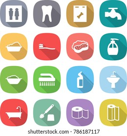 flat vector icon set - wc vector, tooth, roentgen, water tap, washing, brush, sponge with foam, liquid soap, basin, toilet cleanser, sink, bath, paper, towel