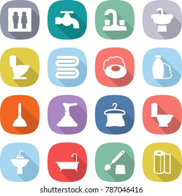 flat vector icon set - wc vector, water tap, sink, toilet, towel, soap, shampoo, plunger, hanger, bath, brush, paper