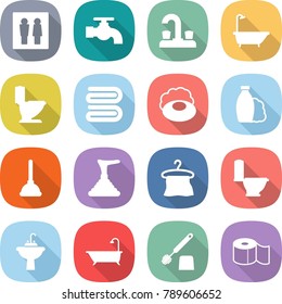 flat vector icon set - wc vector, water tap, bath, toilet, towel, soap, shampoo, plunger, hanger, sink, brush, paper