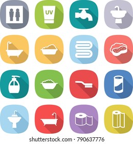 flat vector icon set - wc vector, uv cream, water tap, sink, bath, washing, towel, sponge with foam, liquid soap, basin, brush, cleanser powder, toilet paper