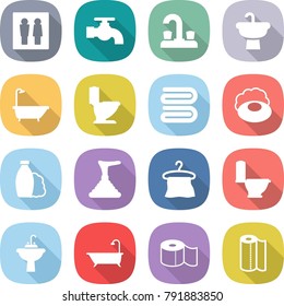flat vector icon set - wc vector, water tap, sink, bath, toilet, towel, soap, shampoo, plunger, hanger, paper