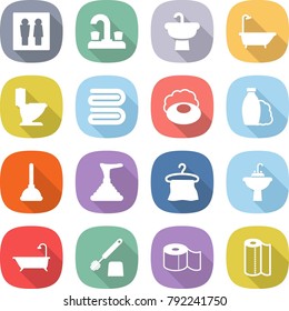 flat vector icon set - wc vector, water tap, sink, bath, toilet, towel, soap, shampoo, plunger, hanger, brush, paper