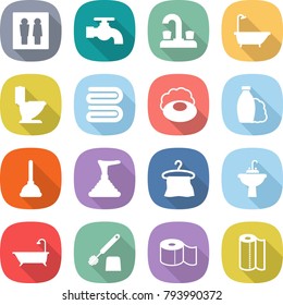 flat vector icon set - wc vector, water tap, bath, toilet, towel, soap, shampoo, plunger, hanger, sink, brush, paper