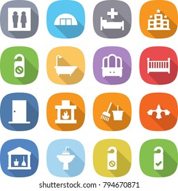flat vector icon set - wc vector, hangare, hospital, hotel, do not distrub, bath, dresser, crib, door, fireplace, bucket and broom, hard reach place cleaning, utility room, water tap sink
