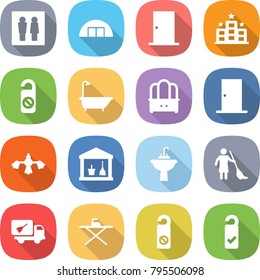 flat vector icon set - wc vector, hangare, door, hotel, do not distrub, bath, dresser, hard reach place cleaning, utility room, water tap sink, brooming, home call, iron board, please clean
