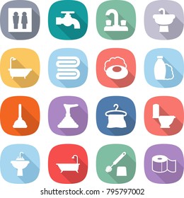 flat vector icon set - wc vector, water tap, sink, bath, towel, soap, shampoo, plunger, hanger, toilet, brush, paper