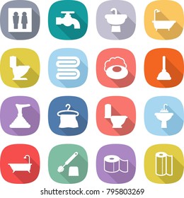 flat vector icon set - wc vector, water tap, sink, bath, toilet, towel, soap, plunger, hanger, brush, paper