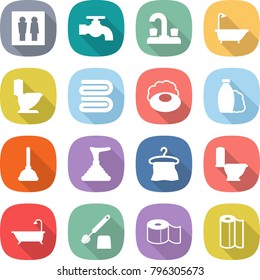 flat vector icon set - wc vector, water tap, bath, toilet, towel, soap, shampoo, plunger, hanger, brush, paper