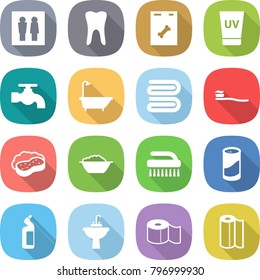 flat vector icon set - wc vector, tooth, roentgen, uv cream, water tap, bath, towel, brush, sponge with foam, basin, cleanser powder, toilet, sink, paper