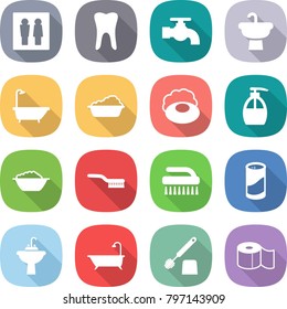 flat vector icon set - wc vector, tooth, water tap, sink, bath, washing, soap, liquid, foam basin, brush, cleanser powder, toilet, paper