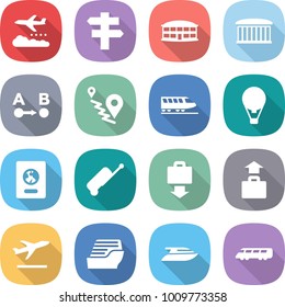 flat vector icon set - weather management vector, singlepost, airport building, route a to b, train, air ballon, passport, suitcase, baggage get, departure, cruise ship, yacht, speed