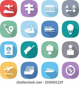 flat vector icon set - weather management vector, singlepost, airport building, route a to b, sea shipping, train, air ballon, passport, suitcase, baggage get, departure, cruise ship, yacht, compass