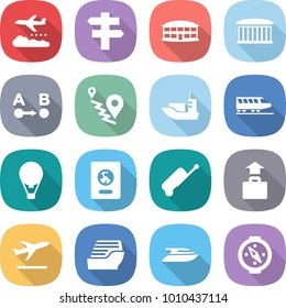 flat vector icon set - weather management vector, singlepost, airport building, route a to b, sea shipping, train, air ballon, passport, suitcase, baggage, departure, cruise ship, yacht, compass