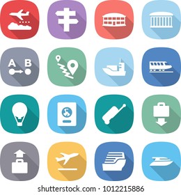flat vector icon set - weather management vector, singlepost, airport building, route a to b, sea shipping, train, air ballon, passport, suitcase, baggage get, departure, cruise ship, yacht