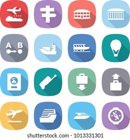 flat vector icon set - weather management vector, singlepost, airport building, route a to b, sea shipping, train, air ballon, passport, suitcase, baggage get, departure, cruise ship, yacht, compass