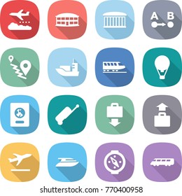 flat vector icon set - weather management vector, airport building, route a to b, sea shipping, train, air ballon, passport, suitcase, baggage get, departure, yacht, compass, speed