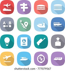 flat vector icon set - weather management vector, singlepost, airport building, route a to b, sea shipping, train, air ballon, passport, suitcase, baggage, departure, yacht, compass, speed
