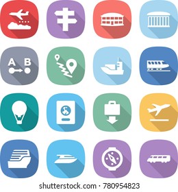 flat vector icon set - weather management vector, singlepost, airport building, route a to b, sea shipping, train, air ballon, passport, baggage get, departure, cruise ship, yacht, compass, speed