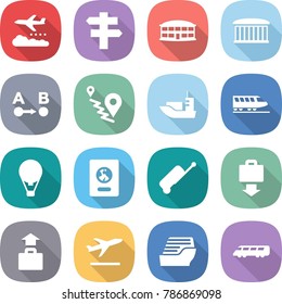 flat vector icon set - weather management vector, singlepost, airport building, route a to b, sea shipping, train, air ballon, passport, suitcase, baggage get, departure, cruise ship, speed
