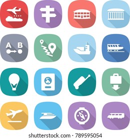 flat vector icon set - weather management vector, singlepost, airport building, route a to b, sea shipping, train, air ballon, passport, suitcase, baggage get, departure, yacht, compass, speed