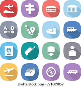 flat vector icon set - weather management vector, singlepost, airport building, route a to b, sea shipping, train, passport, suitcase, baggage get, departure, cruise ship, compass, speed