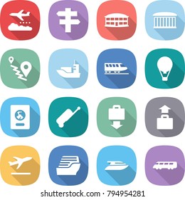 flat vector icon set - weather management vector, singlepost, airport building, route, sea shipping, train, air ballon, passport, suitcase, baggage get, departure, cruise ship, yacht, speed