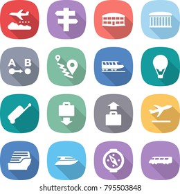 flat vector icon set - weather management vector, singlepost, airport building, route a to b, train, air ballon, suitcase, baggage get, departure, cruise ship, yacht, compass, speed