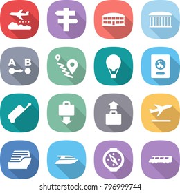 flat vector icon set - weather management vector, singlepost, airport building, route a to b, air ballon, passport, suitcase, baggage get, departure, cruise ship, yacht, compass, speed train