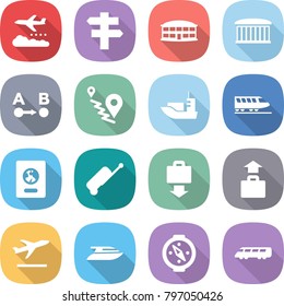flat vector icon set - weather management vector, singlepost, airport building, route a to b, sea shipping, train, passport, suitcase, baggage get, departure, yacht, compass, speed