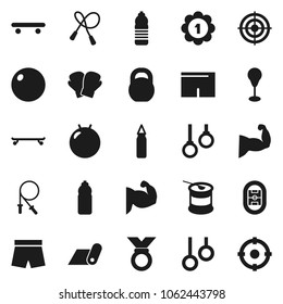 Flat vector icon set - weight vector, jump rope, punching bag, fitball, muscule hand, boxing glove, shorts, skateboard, target, medal, sports nutrition, water bottle, fitness mat, gymnast rings