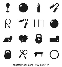 Flat vector icon set - weight vector, jump rope, hand trainer, horizontal bar, punching bag, fitball, boxing glove, fitness mat, hoop
