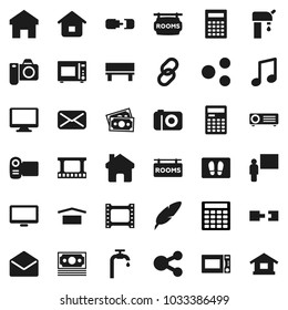 Flat vector icon set - welcome mat vector, microwave oven, pen, blackboard, calculator, music, money, dry cargo, film frame, monitor, link, mail, share, home, bench, connection, water supply, camera