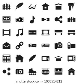Flat vector icon set - welcome mat vector, microwave oven, pen, glasses, music, cash, calculator, roller Skates, money, dry cargo, film frame, link, mail, share, home, bench, connection, fence