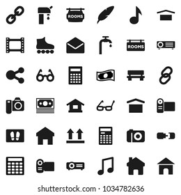 Flat vector icon set - welcome mat vector, pen, glasses, calculator, music, cash, roller Skates, money, dry cargo, top sign, film frame, link, mail, share, home, bench, connection, water supply