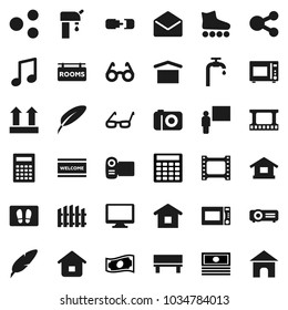 Flat vector icon set - welcome mat vector, microwave oven, pen, blackboard, glasses, calculator, music, cash, roller Skates, dry cargo, top sign, film frame, monitor, mail, share, bench, connection