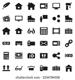 Flat vector icon set - welcome mat vector, microwave oven, pen, blackboard, glasses, calculator, roller Skates, money, dry cargo, top sign, film frame, monitor, link, mail, share, home, bench, fence