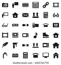 Flat vector icon set - welcome mat vector, microwave oven, pen, blackboard, glasses, calculator, music, roller Skates, money, dry cargo, top sign, film frame, monitor, link, mail, home, connection
