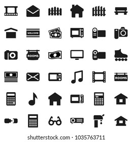 Flat vector icon set - welcome mat vector, microwave oven, glasses, calculator, music, cash, roller Skates, money, dry cargo, film frame, monitor, mail, home, bench, connection, water supply, fence