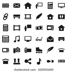 Flat vector icon set - welcome mat vector, microwave oven, pen, blackboard, glasses, calculator, music, cash, roller Skates, dry cargo, top sign, film frame, monitor, link, mail, share, home, bench