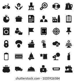 Flat vector icon set - welcome mat vector, drying clothes, cleaning agent, house hold, pan, kettle, toaster, dish, mushroom, student, bell, flag, personal information, safe, stopwatch, clipboard
